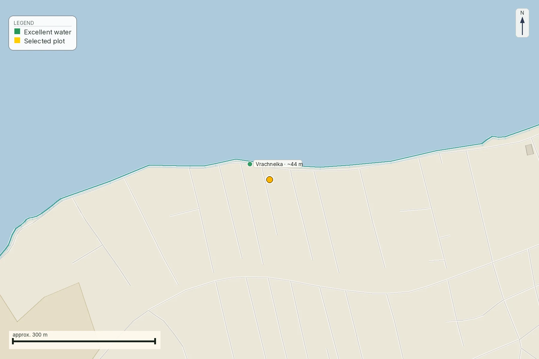 Anonymised report map with coastal and bathing-water context