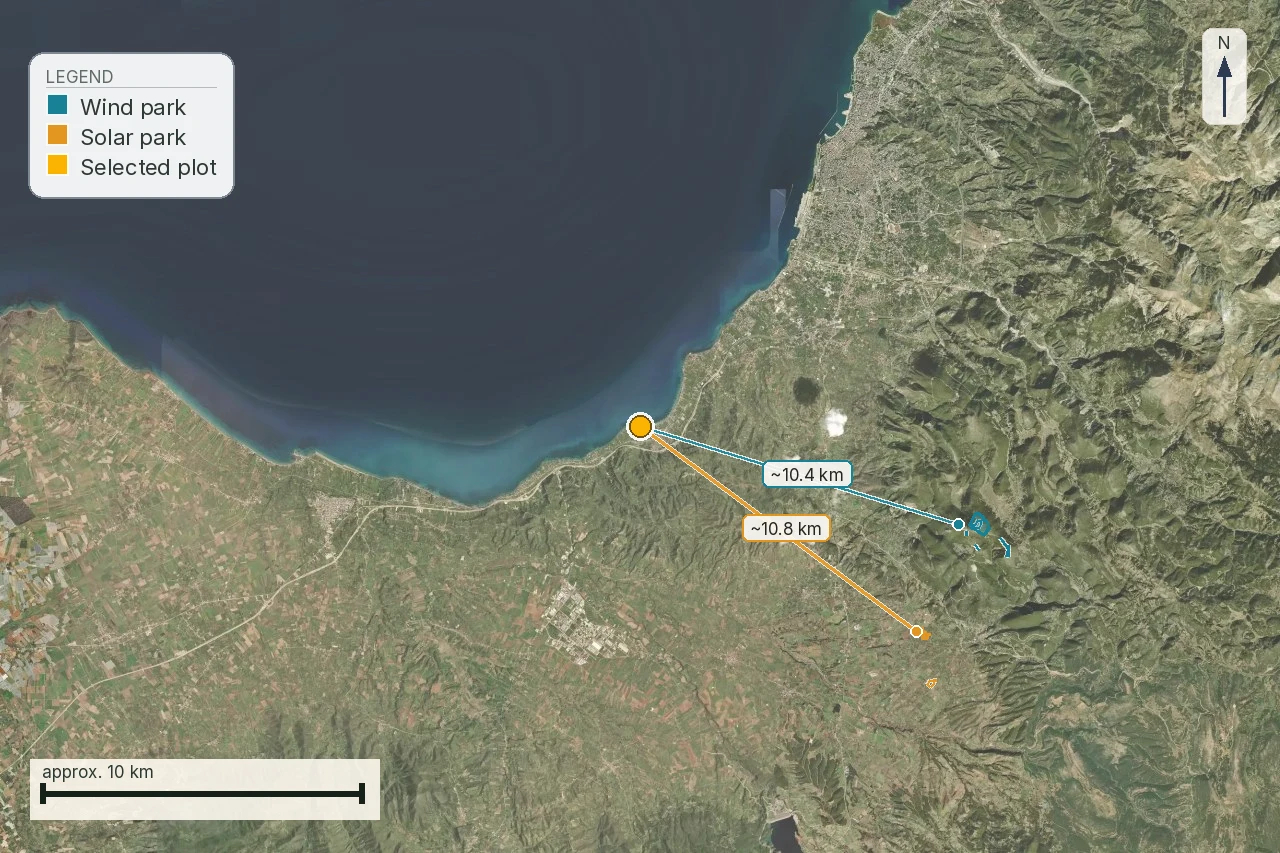 A
LandCheck report crop showing a selected plot with a wind park about 10.4 km away and a
solar park about 10.8 km away