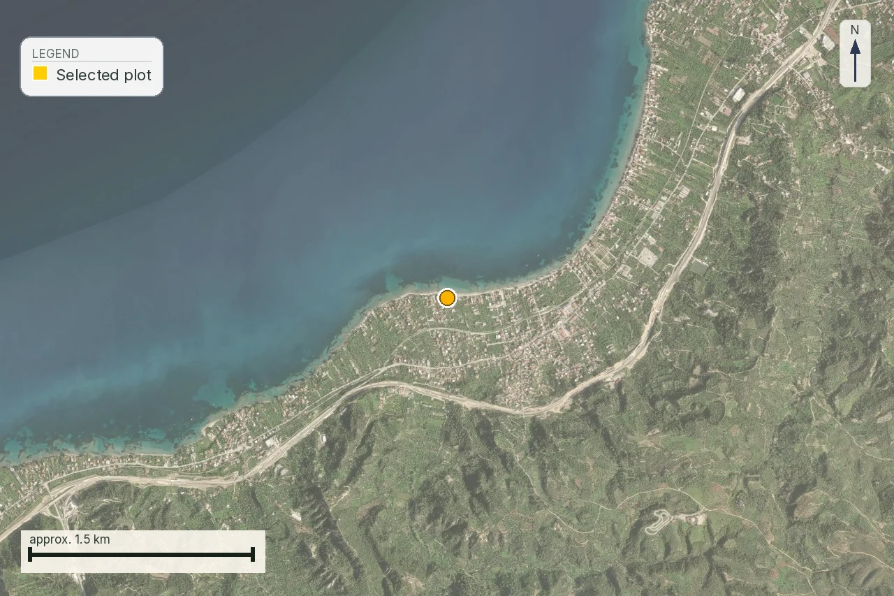 A LandCheck report crop showing a coastal plot with no connection-layer feature drawn
inside the frame
