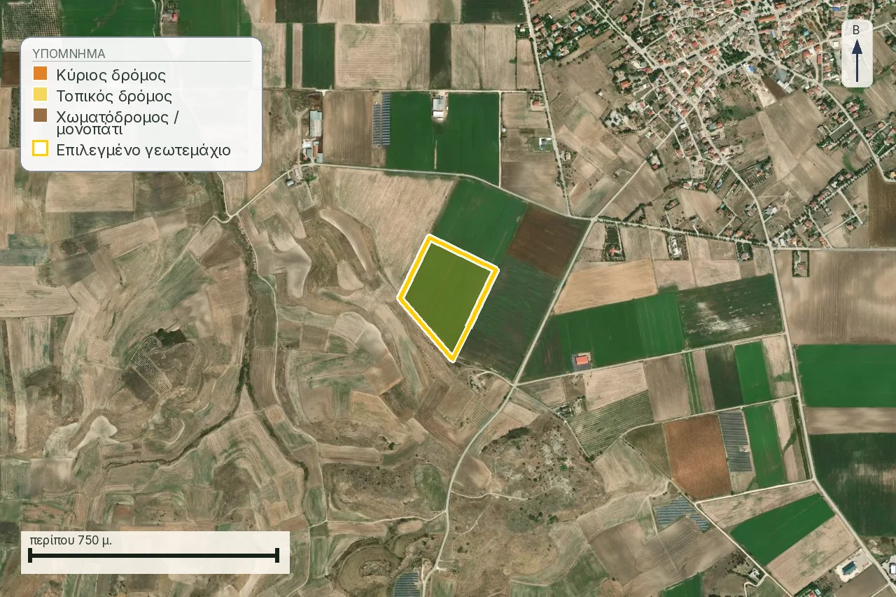 Χάρτης πρόσβασης LandCheck σε μεγάλο αγροτεμάχιο στην Τερψιθέα Λάρισας, χωρίς δρόμο στο όριο