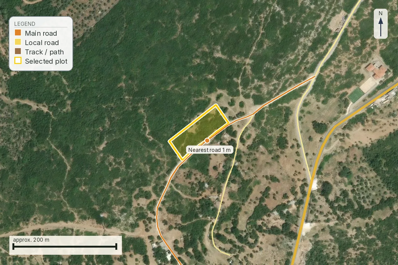 A LandCheck report page on road access for the Trikeri parcel, in English