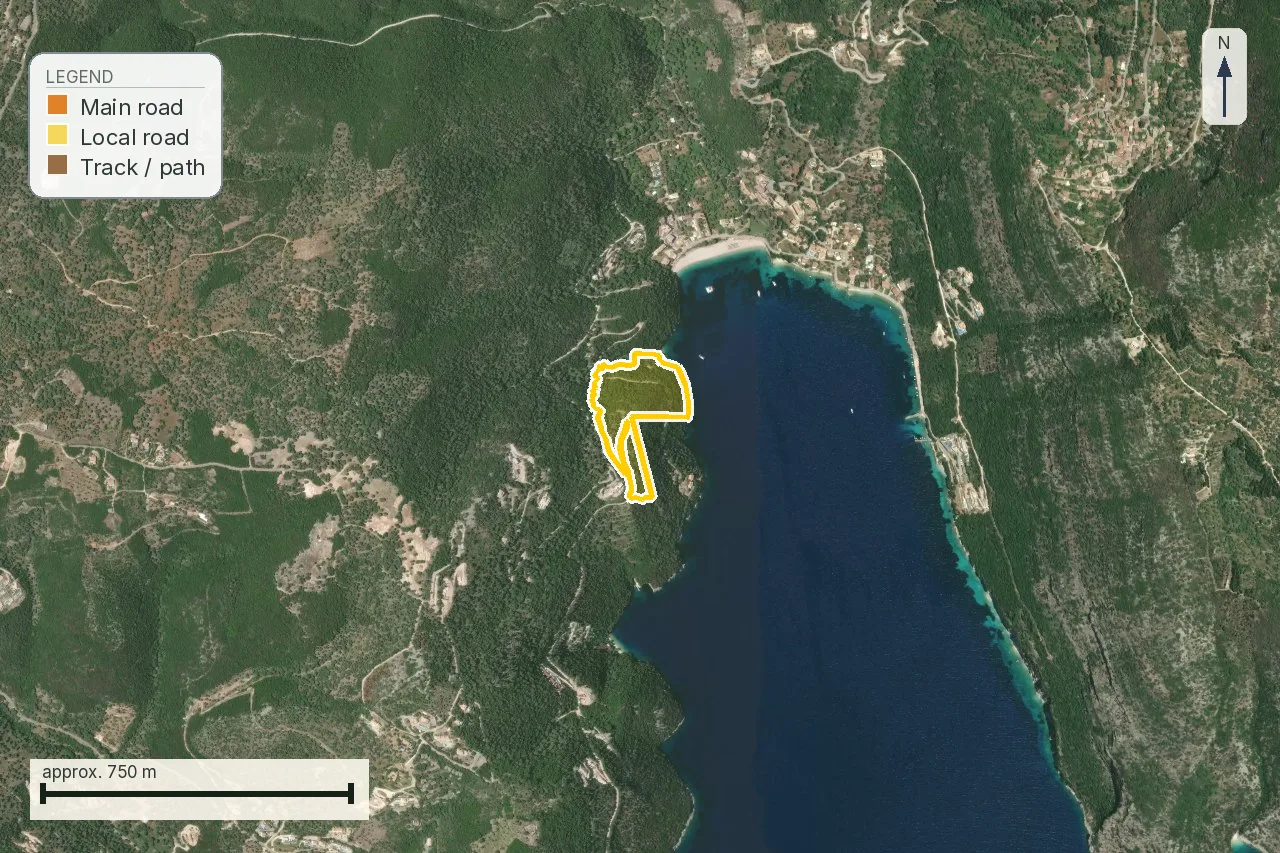 Report access map of a large plot above a bay on Lefkada with a local road reaching its southern tip