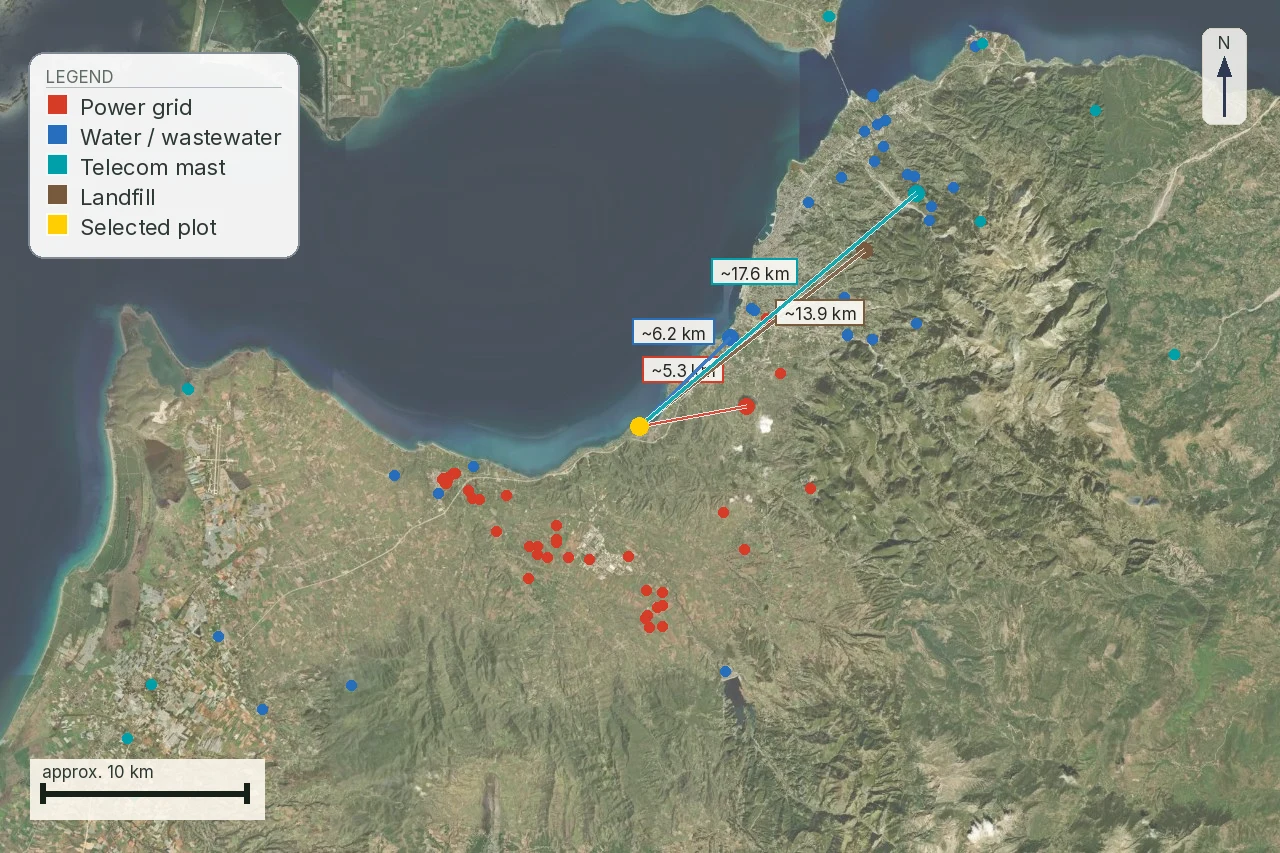 Redacted utilities report map with network legend and indicative distances from an anonymous point