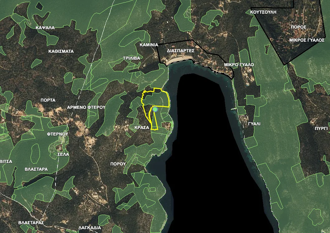 Forest-map viewer showing a large parcel at Poros on Lefkada outlined in yellow above a bay, with the black settlement boundaries of Πόρος and Διασπαρτές drawn to the north of it