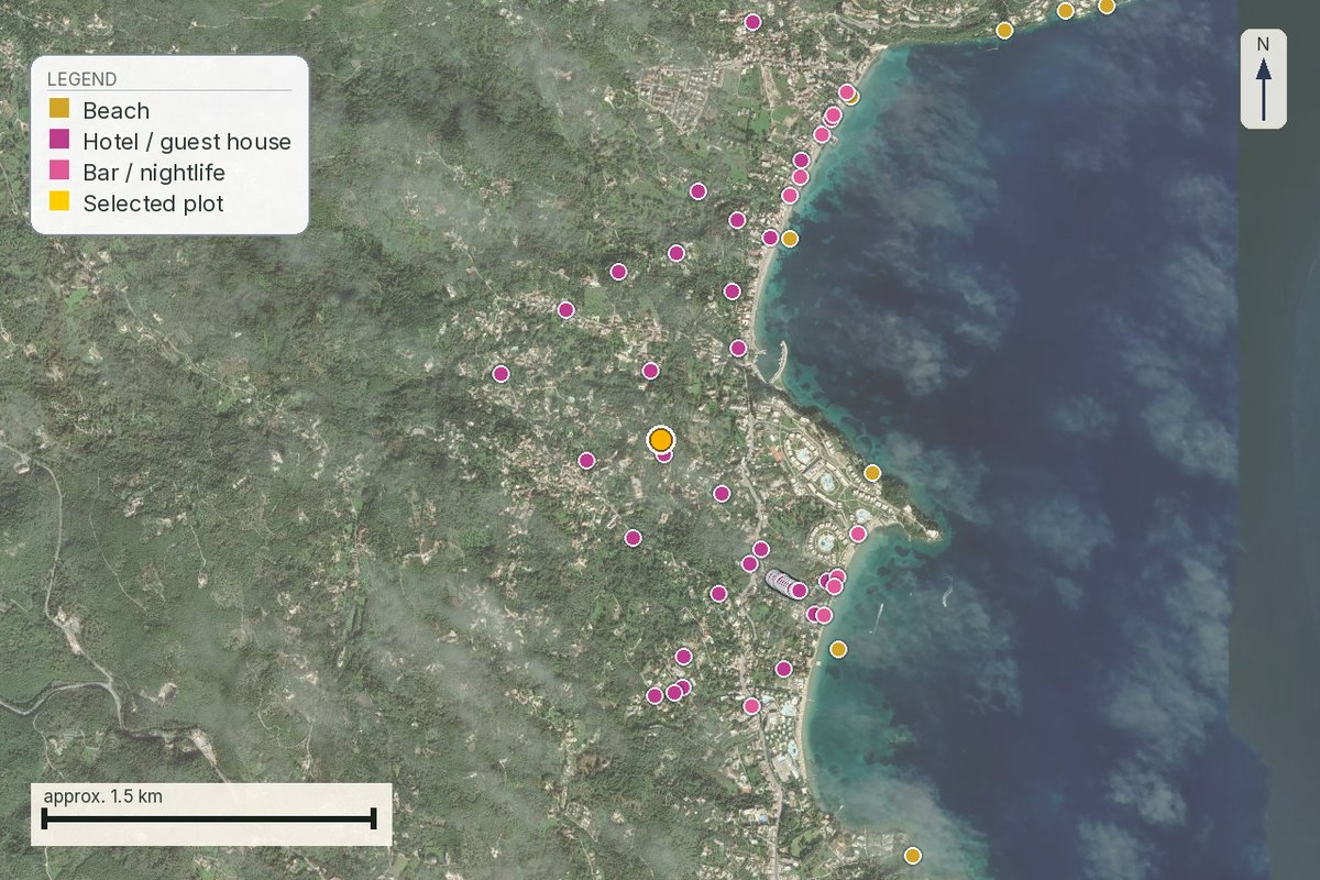 Coastal map marking beaches, tavernas and bars along the nearby shore