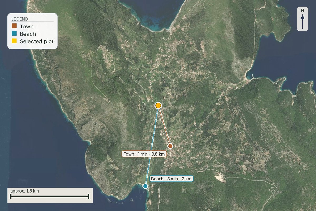 Aerial map with real drive-times drawn from the plot to town, beach and hospital
