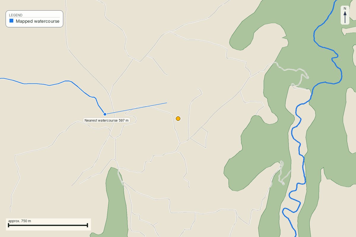 Map of watercourses and low-lying ground near the parcel
