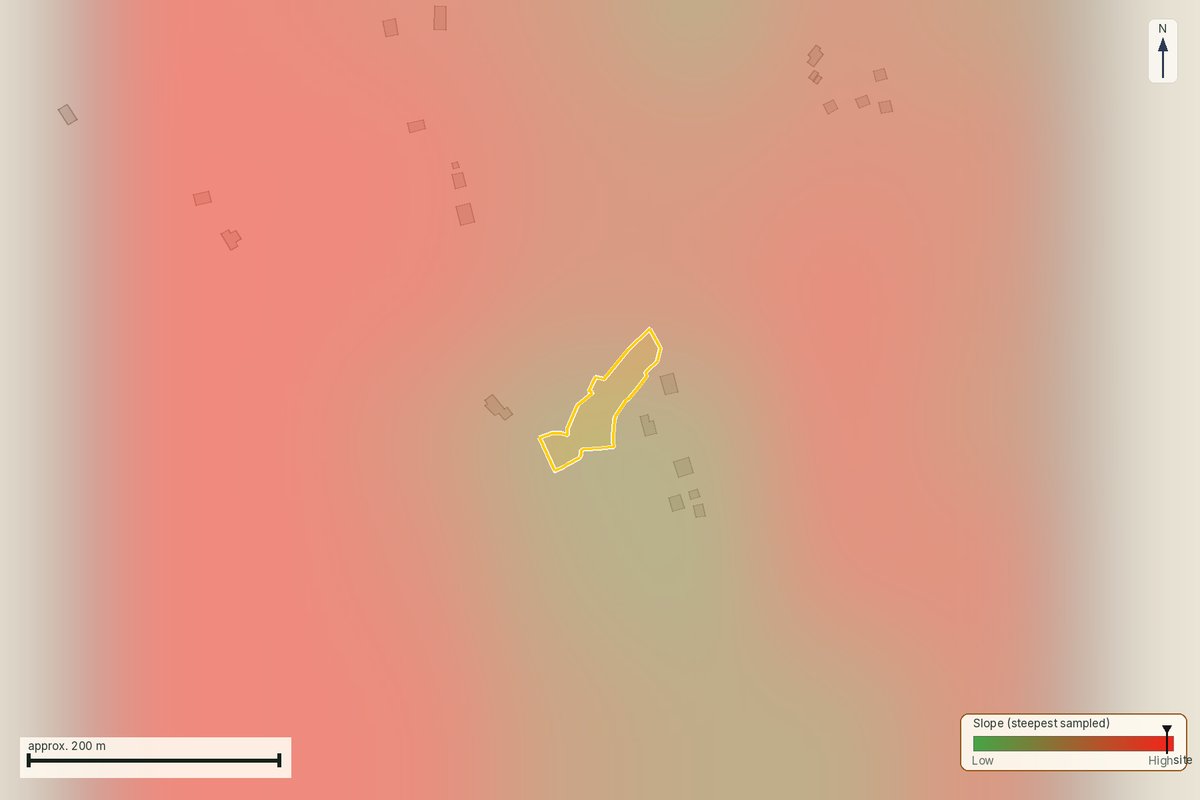 Slope map coloured by steepness, with the parcel outlined on the terrain