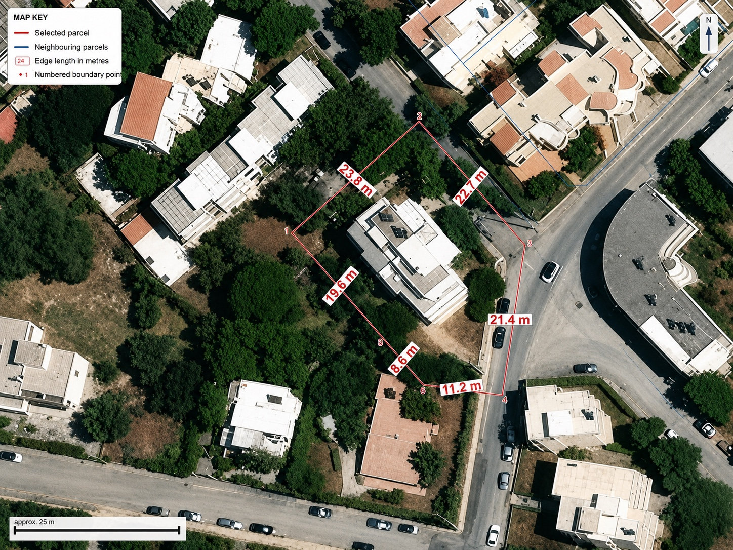 Survey-style dimensioning of a plot: every boundary edge measured in metres with numbered corners and neighbouring parcels, drawn over the aerial photo